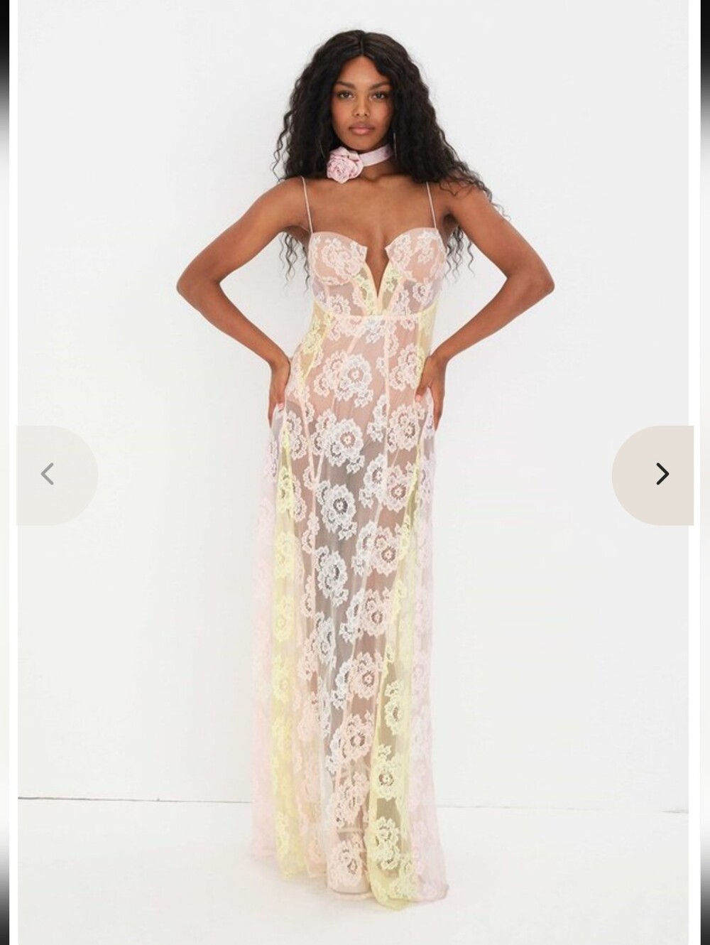 For Love & Lemons Pastel Pink and Pale Yellow Lace Blossom Maxi Dress